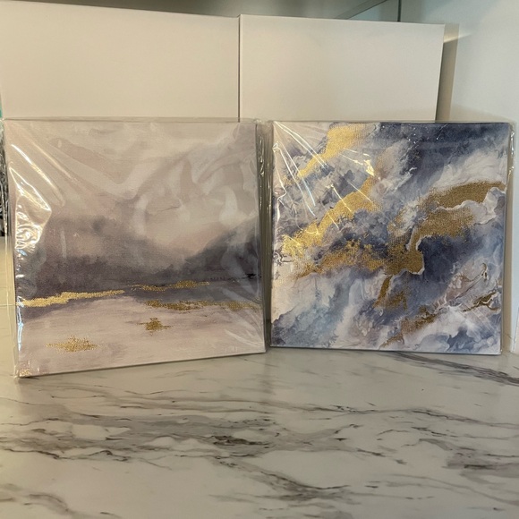 Blue and Gray Art Decor Prints (Set of 2) 8x8 with Painted Gold Metallic Accent - Picture 3 of 6